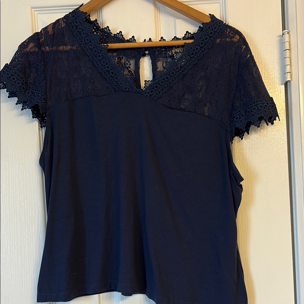 VENUS Midnight Blue Lace Accent Blouse